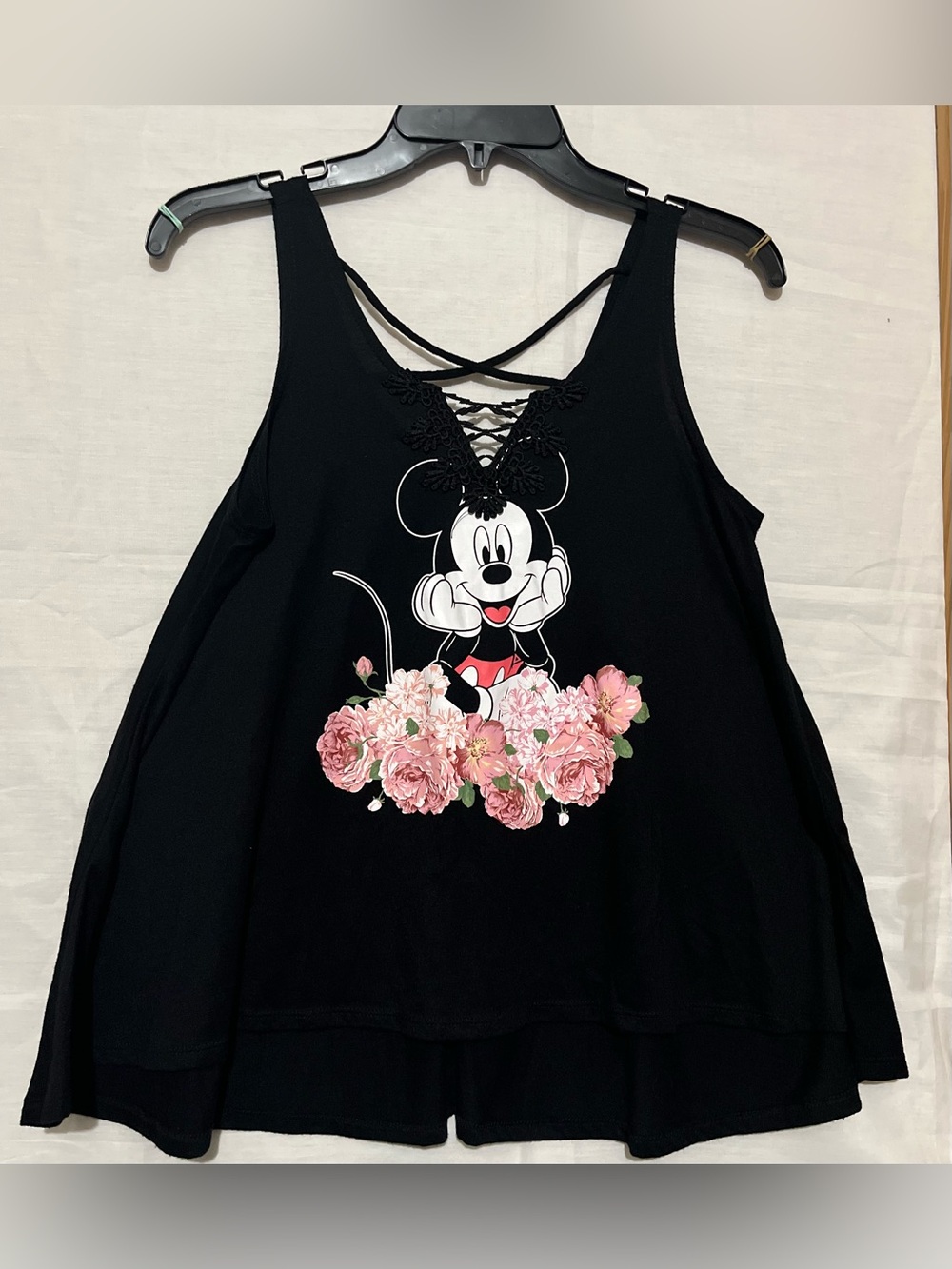 Disney Black Minnie Mouse Tank Top with Pink Floral Print